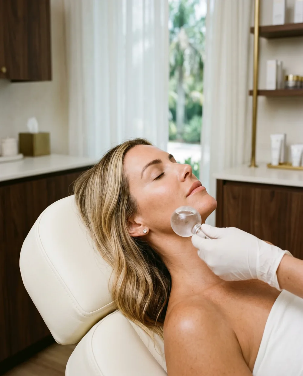 Client receiving a glass-globe facial treatment