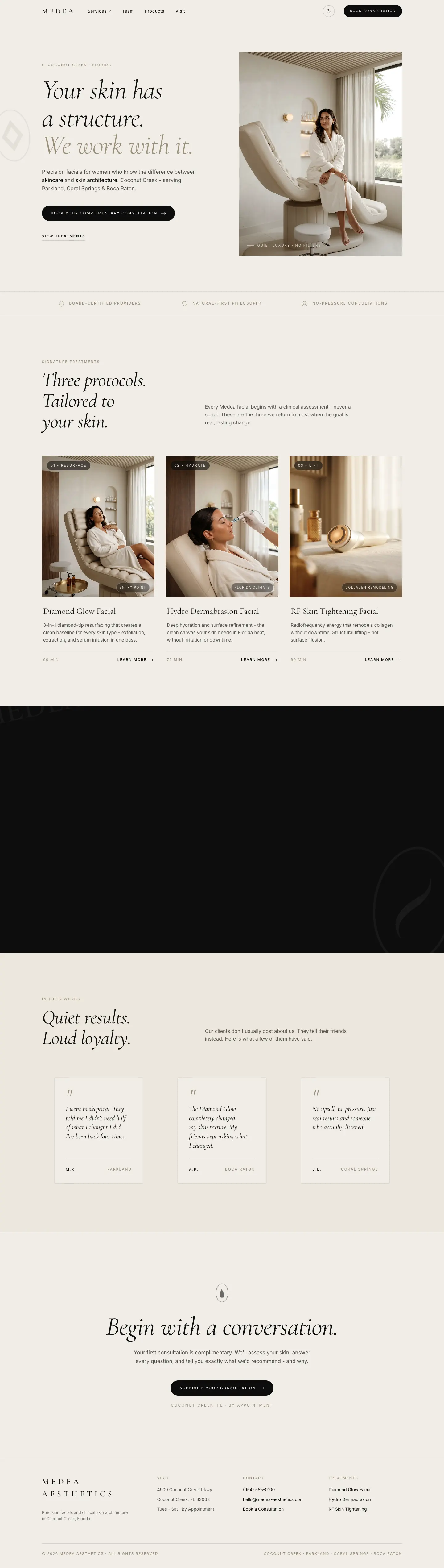 Medea Aesthetics landing page, full page